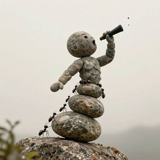 Photograph of a stone sculpture resembling a humanoid figure, stacked on rocks, holding a black object, surrounded by small ants, against a blurred, over