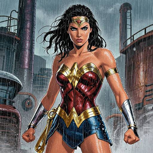 Digital artwork of Wonder Woman standing defiantly in a rainy industrial setting, wearing her iconic red, blue, and gold costume.