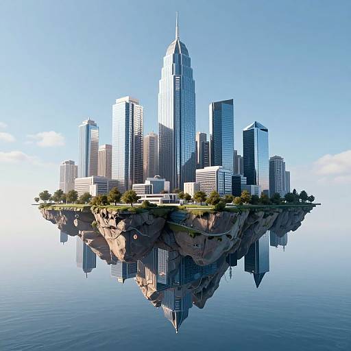 Photorealistic CGI of a floating cityscape featuring modern skyscrapers, including a tall, pointed spire, on a rocky island with reflective water