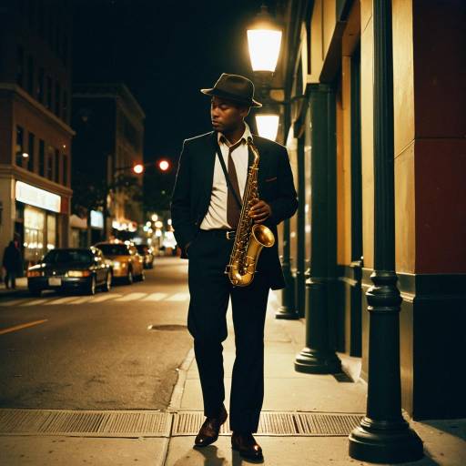 Jazz Saxophonist Under Warm Street Light
