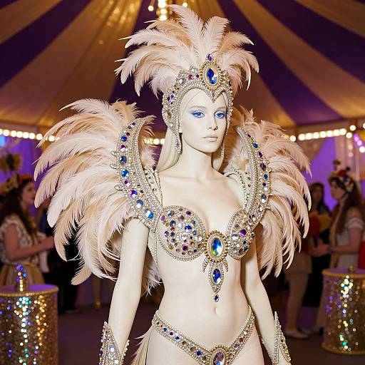 Photograph of a white mannequin dressed in a glittering, white feathered Carnival costume with blue gemstones, standing in a brightly lit circus