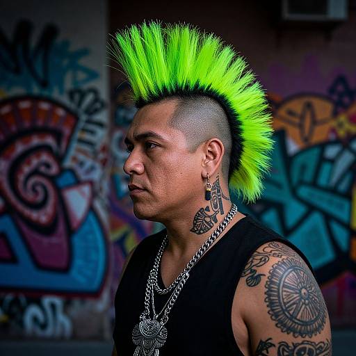 Photograph of a tattooed man with neon green mohawk, black undercut, black sleeveless shirt, multiple earrings, and silver chain, standing against