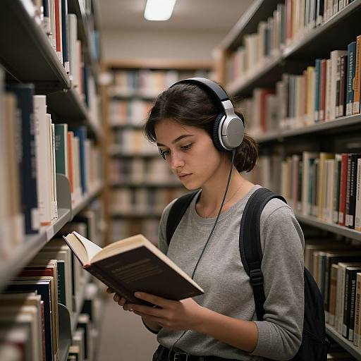 Photograph of a young woman with dark hair, wearing headphones, a grey sweater, and backpack, reading a book in a library aisle.