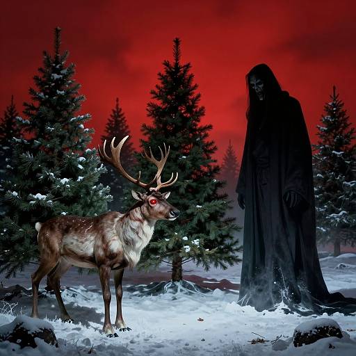A CGI image of a red-eyed reindeer with large antlers standing in snow, facing a black-robed, hooded figure under a vivid red