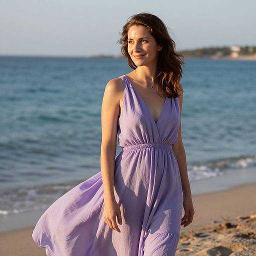 Photograph of a smiling woman with wavy brown hair, wearing a flowing lavender dress, standing on a sunny beach with blue ocean waves in the background