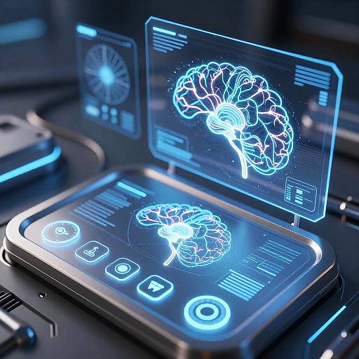 Photograph of futuristic touchscreen tablets displaying glowing blue holographic brain images with interactive buttons, set on a dark, sleek surface.
