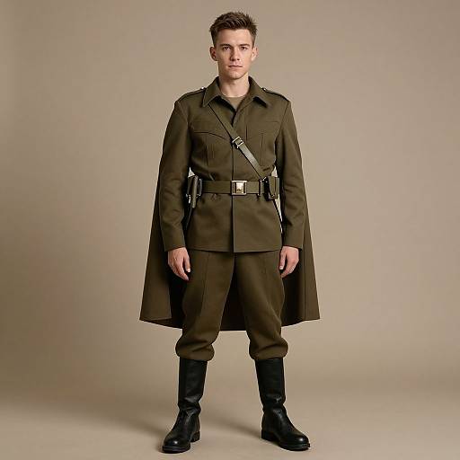 Photograph of a young white man with short brown hair, wearing a dark brown military-style coat, black belt, pants, and boots, standing against