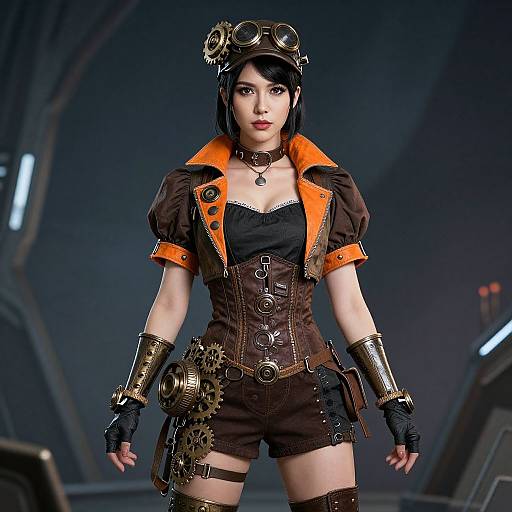 Steampunk-inspired woman with black hair, orange-brown jacket, black corset, brown shorts, gold arm bracers, goggles, and gears