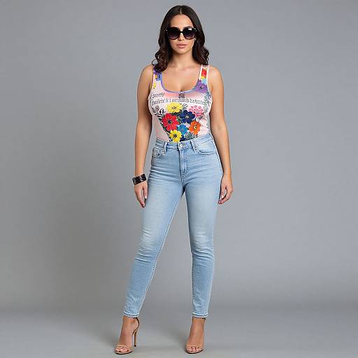 Photograph of a curvy woman with dark hair, wearing sunglasses, colorful floral tank top, light blue jeans, and beige heels, standing against a