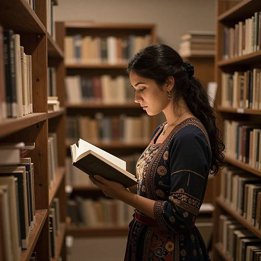 Photograph of a young woman with long dark hair, wearing a black traditional dress with gold embroidery, reading a book in a dimly lit library aisle