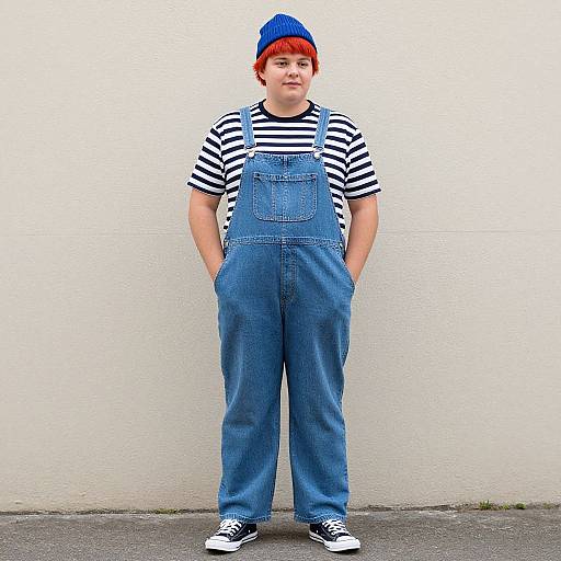 Photograph of a young boy with red hair, wearing a blue beanie, striped shirt, and blue denim overalls, standing against a white wall
