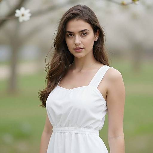 Realistic Woman in White Dress Outdoors