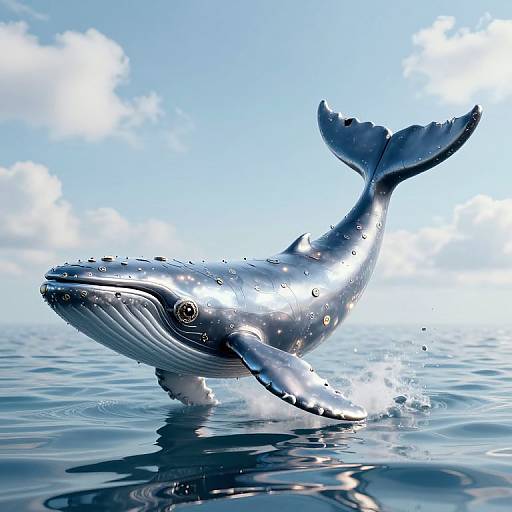 Photorealistic CGI of a silver, wet humpback whale breaking the ocean's surface, with sunlight reflecting off its sleek, textured skin.