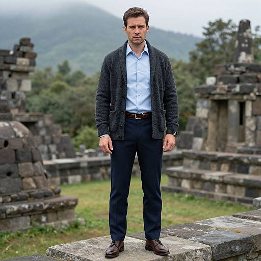 Photograph of a serious-looking, middle-aged man in a blue shirt, dark cardigan, and black pants, standing on ancient stone ruins with mist
