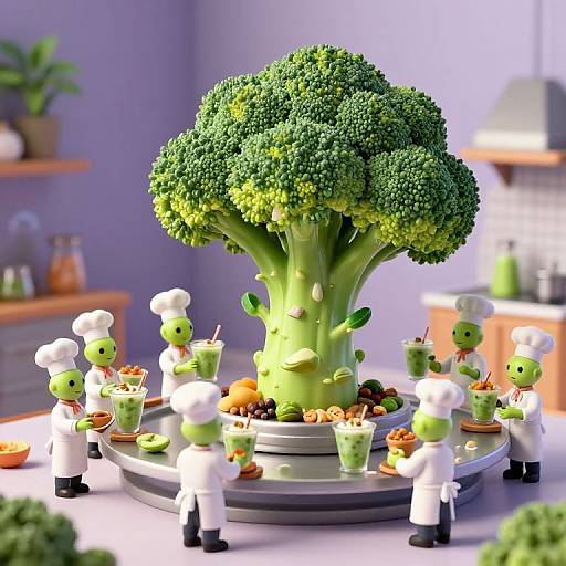 Photorealistic CGI of green broccoli centerpiece surrounded by small, cartoon-style chef figurines, holding drinks and utensils, in a bright kitchen.