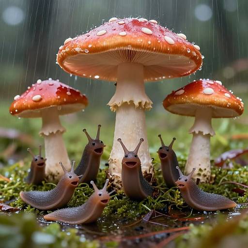Photograph of six brown snails with antennae, gathered around three red-capped, dew-covered mushrooms in a rainy forest, on green moss.