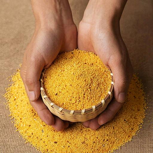 Photograph of hands holding a woven basket filled with bright yellow turmeric powder, resting on a burlap surface with more powder scattered around.