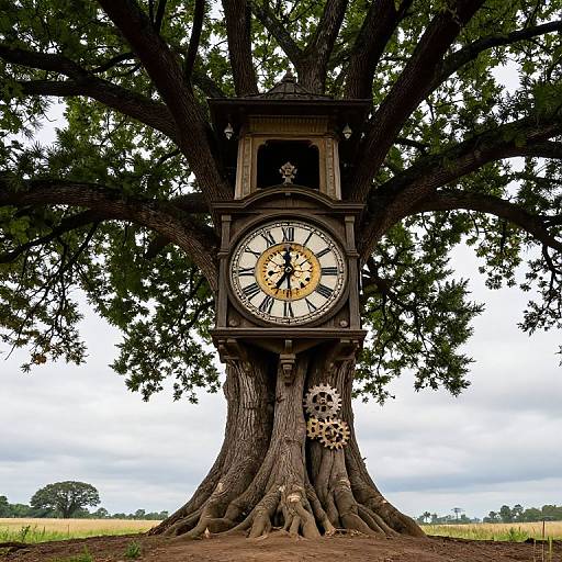 Photograph of an antique, rectangular clock with black and gold face, mounted on a large, ancient tree with sprawling branches. Background: cloudy sky,