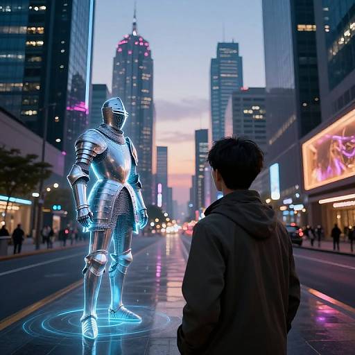 Photograph of a futuristic city street at dusk, a glowing blue metallic knight stands on a circular platform, a man in a brown coat watches from behind