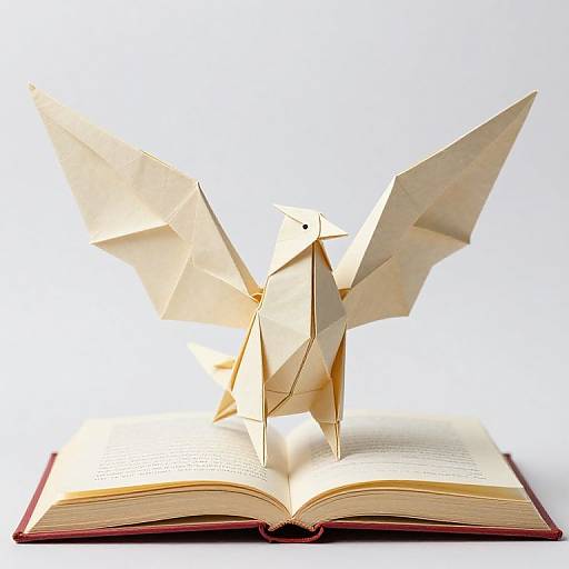 Photograph of an open book with two paper origami birds, one on each side, flying upward against a white background.