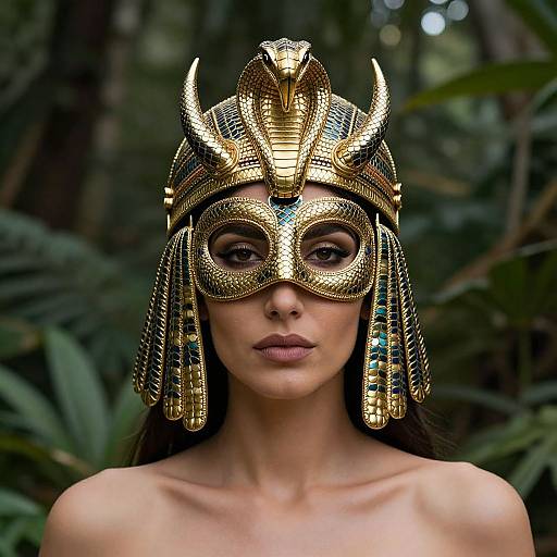 Photograph of a woman with fair skin, wearing a detailed, golden Egyptian-style mask and headpiece, standing in a lush jungle.