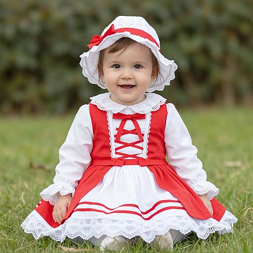 Photograph of a smiling baby girl in a red and white vintage-style dress with lace trim, red bow hat, and white lace bonnet, sitting