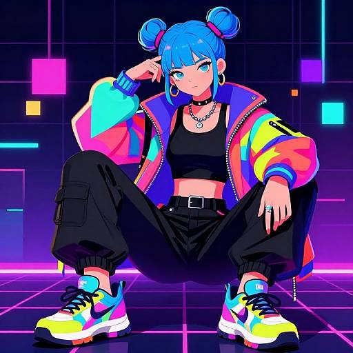 Digital art of a blue-haired woman with double buns, wearing a colorful jacket, black crop top, and baggy pants, sitting confidently with neon