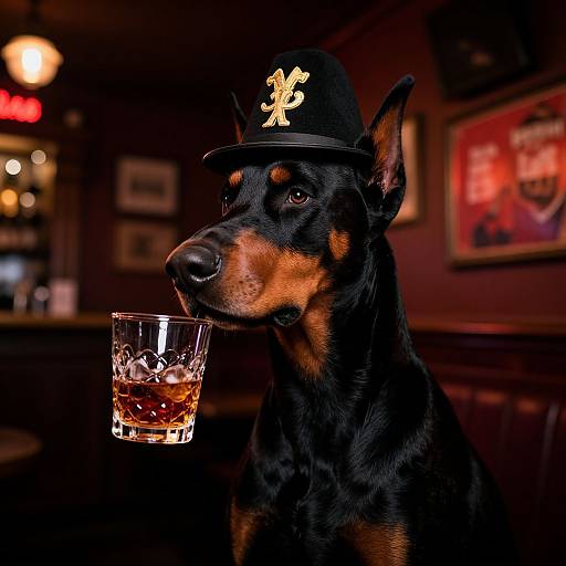 Photograph of a Doberman wearing a black hat with a gold 'L' emblem, holding a glass of whiskey in its mouth, set in a