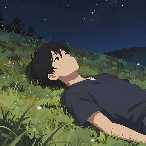 Anime-style drawing of a black-haired boy lying in grass under a starry night sky, wearing a dark blue shirt, with a serene expression.