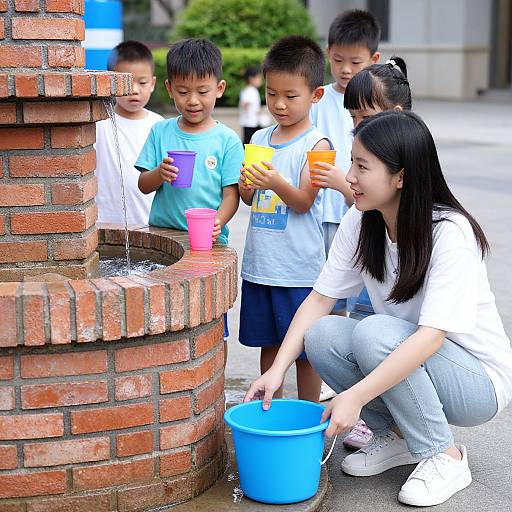 Photograph of an Asian woman with long black hair, wearing a white shirt and jeans, squatting by a brick water fountain, helping five young Asian
