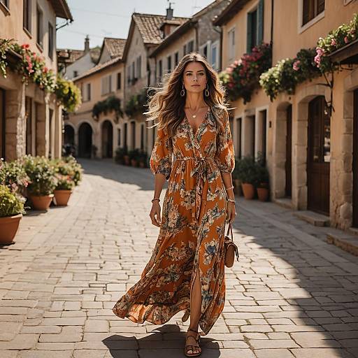 Woman Walking on Quaint Sunlit Street