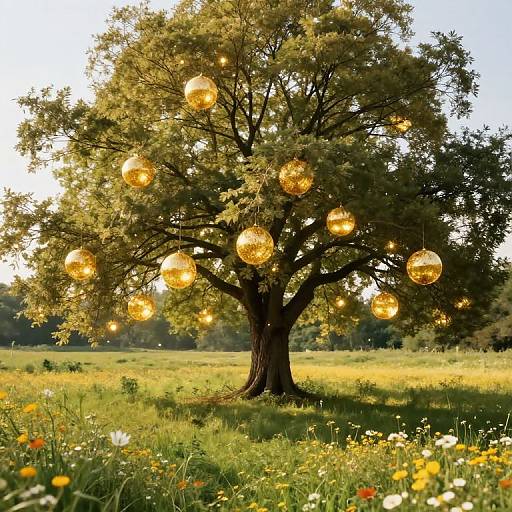 Photograph of a sunlit, lush meadow with a large tree adorned with glowing, golden spherical lights, surrounded by wildflowers.