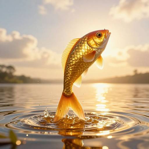 Golden fish leaping out of calm water at sunset, sunlight reflecting off its scales, creating a shimmering effect.