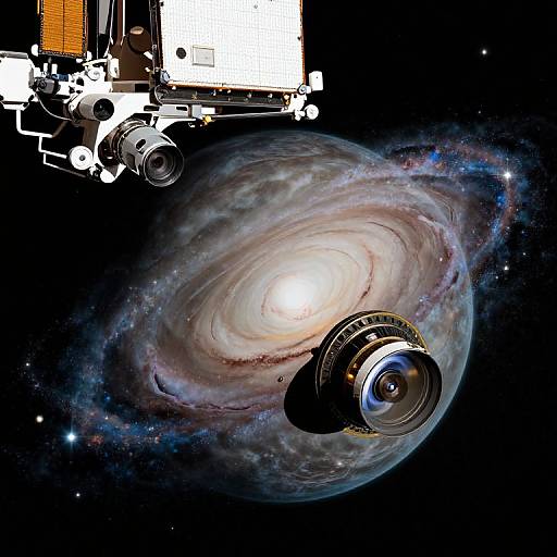 Photograph of a spiral galaxy with swirling colors, seen through a space telescope's lens, with a white and orange spacecraft component in the top left.