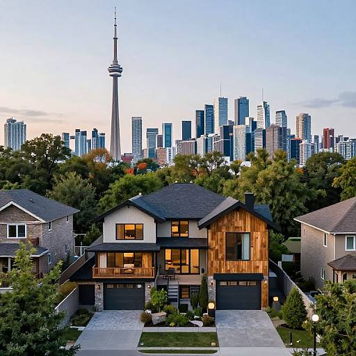 Photograph of a modern wooden house with large windows in a suburban neighborhood, overlooking Toronto's skyline and CN Tower at dusk.