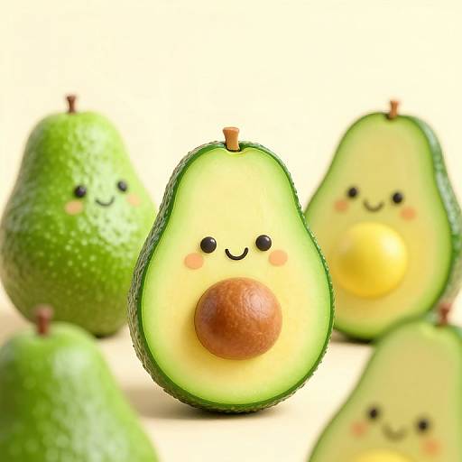 Cute digital illustration of cartoon avocados with smiling faces and blushing cheeks, featuring a central halved avocado with a brown pit, surrounded by