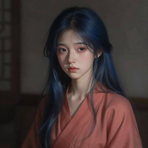 Soft Anime Portrait of Midnight-Blue Hair