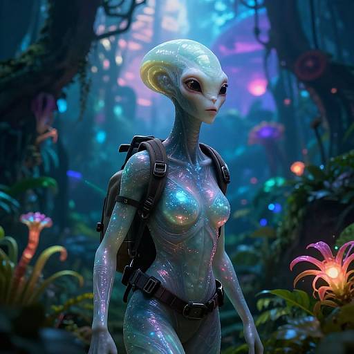 Female Alien Explorer in Bioluminescent Jungle