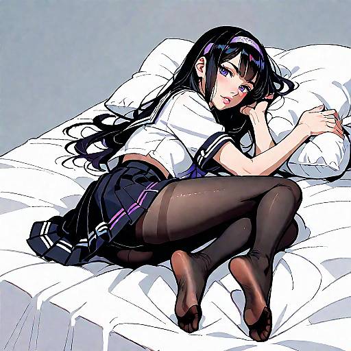 Expressionless Serafuku Girl Lying on Bed