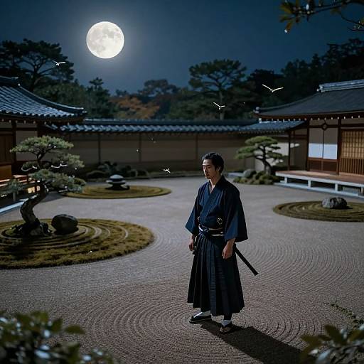 Photograph of a samurai in a dark blue kimono, standing in a moonlit Japanese garden with traditional buildings, bonsai trees, and night