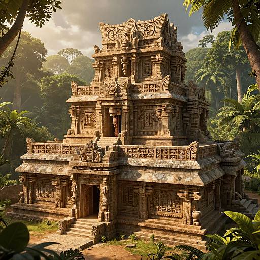 Photograph of an ancient, intricately carved stone temple surrounded by lush tropical jungle, with sunlight filtering through dense foliage.