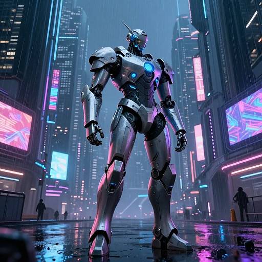 CGI sci-fi image of a towering, silver, glowing-blue robotic humanoid standing in a neon-lit, rain-soaked futuristic city street.
