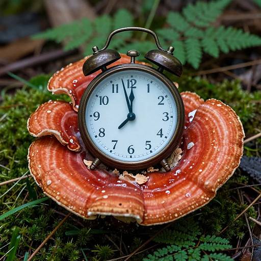 Photograph of a vintage bronze alarm clock with black hands and numbers, resting on a large, orange, mushroom-like fungus with white speckles,
