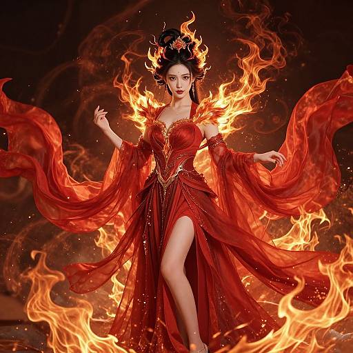 Digital artwork of an Asian woman in a fiery red dress, surrounded by flames, with an ornate black hairpiece, standing confidently.