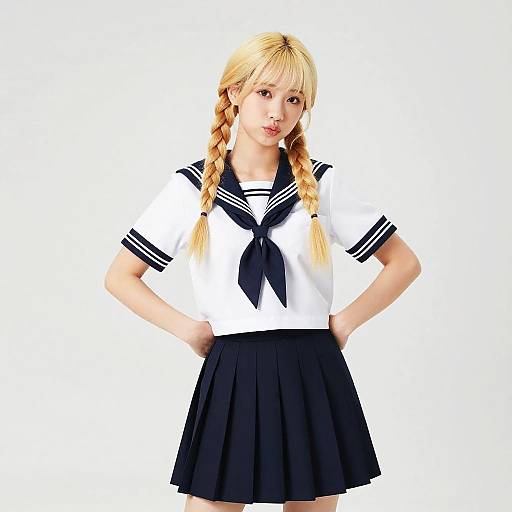 Photograph of a young Asian girl with blonde braids, wearing a white sailor shirt with black necktie and black pleated skirt, standing against a