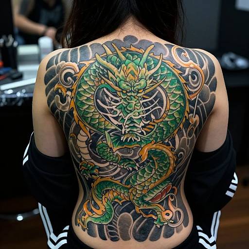 Photograph of a person's back featuring a vibrant, detailed green and yellow dragon tattoo with black and gold swirling patterns.