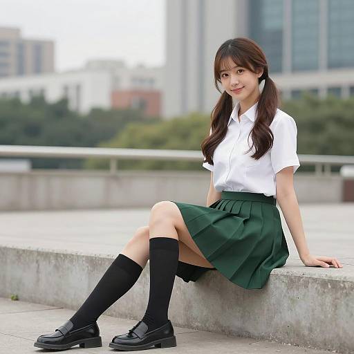 Young woman in school uniform sitting outdoors