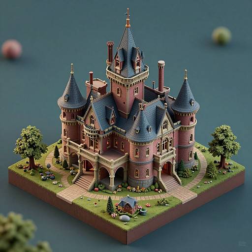 Photorealistic digital model of a pink, turreted medieval castle with blue roofs, surrounded by greenery, trees, and a pathway, floating