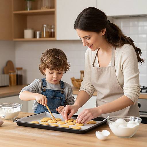 Photograph of a smiling brunette woman with long hair, wearing a cream apron, baking with a young boy in denim overalls, on a wooden