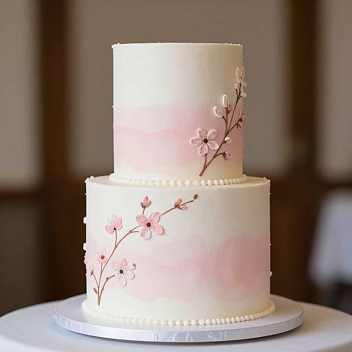 Photograph of a two-tiered white and pink gradient cake with delicate pink floral wire transfers and pearl border accents.